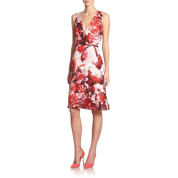 NWT New Designer Carolina Herrera $2490 Pink Silk Dress Flowers Red 12 Womens - Picture 2 of 12